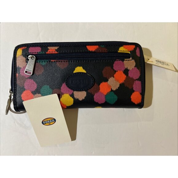 Fossil Key-Per Zip Around Wallet Color Print Canvas Key Ring Multicolor New - Picture 1 of 9